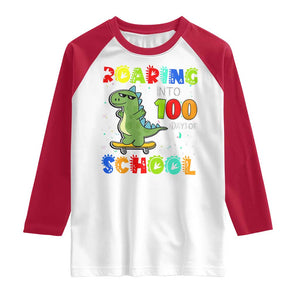 100 Days Of School Dinosaur Raglan Shirt Trex Dino Skateboard Skateboarding Boys Roaring Into 100th Day TS10 White Red Print Your Wear