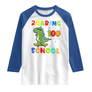 100 Days Of School Dinosaur Raglan Shirt Trex Dino Skateboard Skateboarding Boys Roaring Into 100th Day TS10 White Royal Print Your Wear