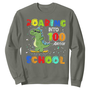 100 Days Of School Dinosaur Sweatshirt Trex Dino Skateboard Skateboarding Boys Roaring Into 100th Day TS10 Military Green Print Your Wear