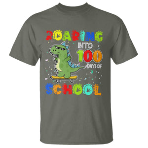 100 Days Of School Dinosaur T Shirt Trex Dino Skateboard Skateboarding Boys Roaring Into 100th Day TS10 Military Green Print Your Wear