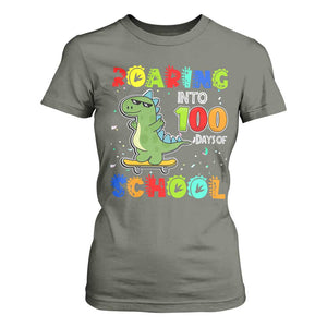 100 Days Of School Dinosaur T Shirt For Women Trex Dino Skateboard Skateboarding Boys Roaring Into 100th Day TS10 Military Green Print Your Wear