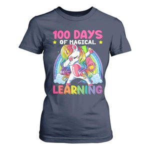 100 Days Of School T Shirt For Women Rainbow Dabbing Unicorn Magic Learning Girls Gift TS10 Navy Print Your Wear