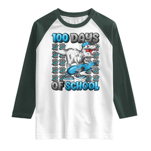 100 Days of School 100th Day Dinosaur Raglan Shirt TS10 White Dark Forest Green Print Your Wear