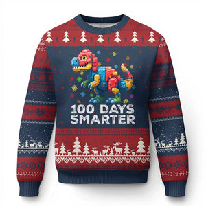 Dinosaur 100 Days Smarter Ugly Christmas Sweater Building Bricks Dinosaur 100th Day Kids TS10 Navy Red Print Your Wear