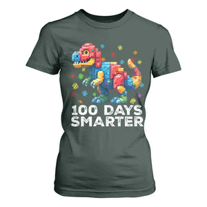 Dinosaur 100 Days Smarter T Shirt For Women Building Bricks Dinosaur 100th Day Kids TS10 Dark Forest Green Print Your Wear
