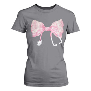 Pink Coquette Nurse T Shirt For Women Toile de Jouy Stethoscope Bow TS10 Charcoal Print Your Wear