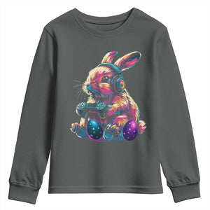 Gamer Rabbit Youth Sweatshirt Cute Bunny Gaming Eggs Funny Video Games Easter TS10 Dark Heather Print Your Wear