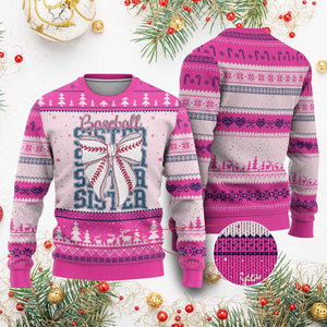 Baseball Sister Ugly Christmas Sweater Coquette Bow Biggest Fan Sport Lovers Girl TS10 Hot Pink Print Your Wear