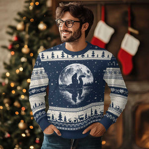 Funny Bigfoot Loch Ness Monster Ugly Christmas Sweater Retro Sasquatch Nessie Funny Cryptid Moon TS10 Navy Beige Print Your Wear