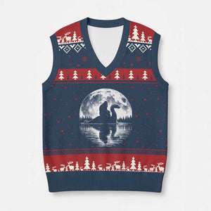 Funny Bigfoot Loch Ness Monster V-Neck Knit Sweater Vest Retro Sasquatch Nessie Funny Cryptid Moon TS10 Navy Red Print Your Wear