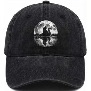 Funny Bigfoot Loch Ness Monster Washed Cotton Baseball Cap Retro Sasquatch Nessie Funny Cryptid Moon TS10 Washed Cap Universal Fit Black Print Your Wear
