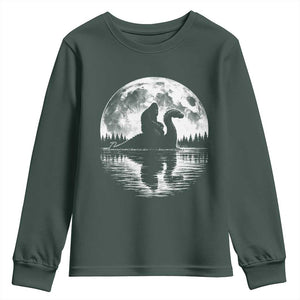 Funny Bigfoot Loch Ness Monster Youth Sweatshirt Retro Sasquatch Nessie Funny Cryptid Moon TS10 Dark Forest Green Print Your Wear