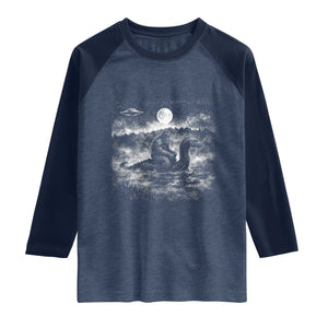 Bigfoot Loch Ness Monster Raglan Shirt Funny Retro Sasquatch Nessie Funny Cryptid Vintage Graphic TS10 Heather Denim Navy Print Your Wear