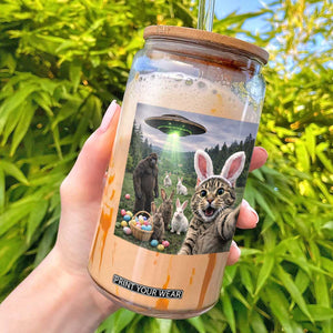 Funny Easter Day Glass Can Cat Selfie With Bunny Bigfoot UFO Bunny Egg TS10 Black Print Your Wear