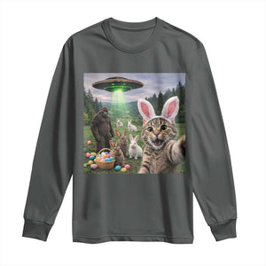 Funny Easter Day Long Sleeve Shirt Cat Selfie With Bunny Bigfoot UFO Bunny Egg TS10 Dark Heather Print Your Wear