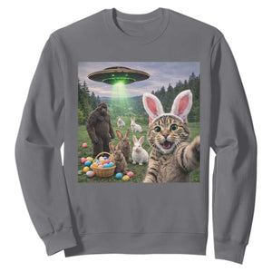 Funny Easter Day Sweatshirt Cat Selfie With Bunny Bigfoot UFO Bunny Egg TS10 Charcoal Print Your Wear
