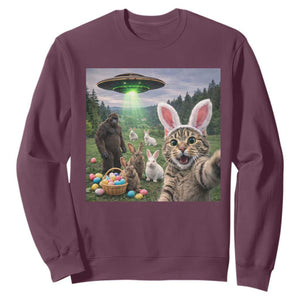 Funny Easter Day Sweatshirt Cat Selfie With Bunny Bigfoot UFO Bunny Egg TS10 Maroon Print Your Wear
