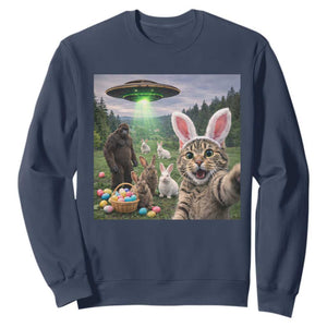 Funny Easter Day Sweatshirt Cat Selfie With Bunny Bigfoot UFO Bunny Egg TS10 Navy Print Your Wear
