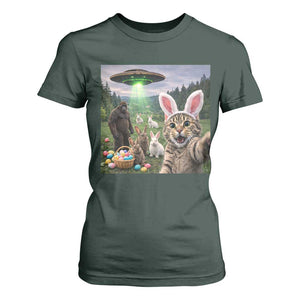 Funny Easter Day T Shirt For Women Cat Selfie With Bunny Bigfoot UFO Bunny Egg TS10 Dark Forest Green Print Your Wear