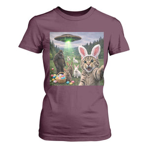 Funny Easter Day T Shirt For Women Cat Selfie With Bunny Bigfoot UFO Bunny Egg TS10 Maroon Print Your Wear