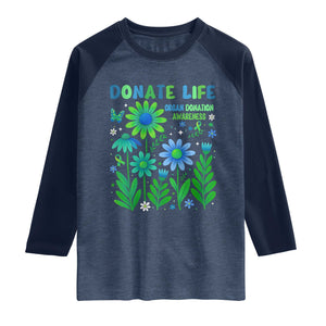Organ Donation Awareness Raglan Shirt Green Ribbon Donate Life Floral TS10 Heather Denim Navy Print Your Wear
