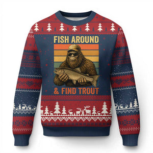 Fish Around And Find Trout Ugly Christmas Sweater Funny Fishermen Fishing Retro Bigfoot Sasquatch Fish