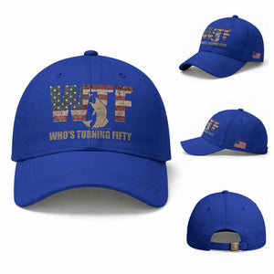 50th Birthday Baseball Cap Funny WTF Whos Turning Fifty Vintage Fishing 50 Year Old Gift TS10 Baseball Cap Universal Fit Royal Blue Print Your Wear