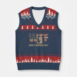 50th Birthday V-Neck Knit Sweater Vest Funny WTF Whos Turning Fifty Vintage Fishing 50 Year Old Gift TS10 Navy Red Print Your Wear