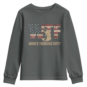 50th Birthday Youth Sweatshirt Funny WTF Whos Turning Fifty Vintage Fishing 50 Year Old Gift TS10 Dark Heather Print Your Wear