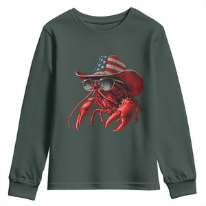 Funny Western Country Crawfish Lover Graphic Youth Sweatshirt American Flag Cowboy Lobster Patriotic Cajun Season TS10 Dark Forest Green Print Your Wear
