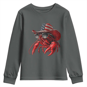 Funny Western Country Crawfish Lover Graphic Youth Sweatshirt American Flag Cowboy Lobster Patriotic Cajun Season TS10 Dark Heather Print Your Wear