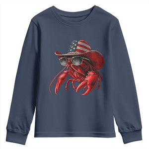 Funny Western Country Crawfish Lover Graphic Youth Sweatshirt American Flag Cowboy Lobster Patriotic Cajun Season TS10 Navy Print Your Wear