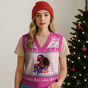 Haitian Girl V-Neck Knit Sweater Vest Melanin Black Girls Haiti Flag Proud Haitienne TS10 Hot Pink Print Your Wear