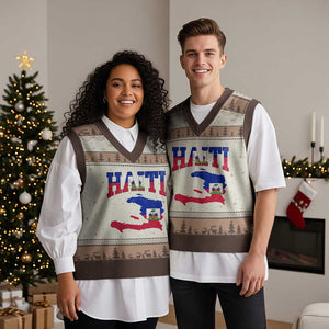 Haiti Pride V-Neck Knit Sweater Vest Retro Vintage Haitian Flag Map Pride Graphic TS10 Mocha Mousse Print Your Wear