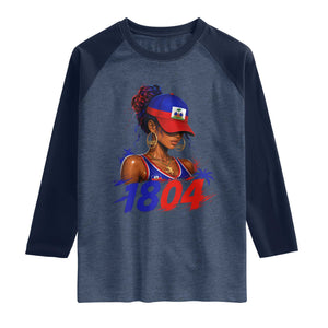 Haitian Revolution 1804 Raglan Shirt Haiti Flag Independence Day Haitian Girl Graphic TS10 Heather Denim Navy Print Your Wear