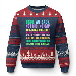 Funny Bruh We Back To School Ugly Christmas Sweater Gen A Slang Happy First Day Of School TS10 Navy Red Print Your Wear