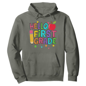 Hello First Grade Teacher Hoodie Back To School 1st Grade Team TS10 Military Green Print Your Wear
