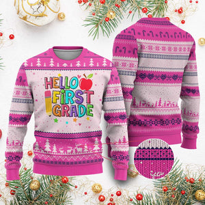 Hello First Grade Teacher Ugly Christmas Sweater Back To School 1st Grade Team TS10 Hot Pink Print Your Wear