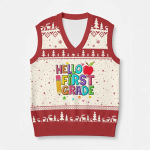 Hello First Grade Teacher V-Neck Knit Sweater Vest Back To School 1st Grade Team TS10 Beige Red Print Your Wear