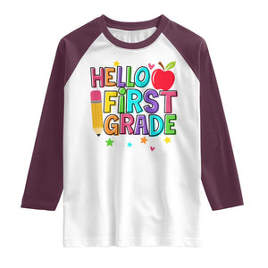 Hello First Grade Teacher Raglan Shirt Back To School 1st Grade Team TS10 White Maroon Print Your Wear