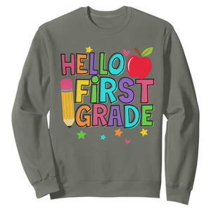 Hello First Grade Teacher Sweatshirt Back To School 1st Grade Team TS10 Military Green Print Your Wear
