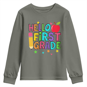 Hello First Grade Teacher Youth Sweatshirt Back To School 1st Grade Team TS10 Military Green Print Your Wear