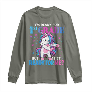 Funny Back To School 1st Grade Long Sleeve Shirt First Grade Unicorn Girls TS10 Military Green Print Your Wear