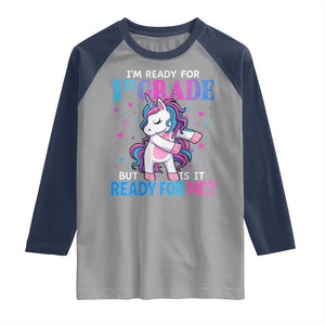 Funny Back To School 1st Grade Raglan Shirt First Grade Unicorn Girls TS10 Sport Gray Navy Print Your Wear