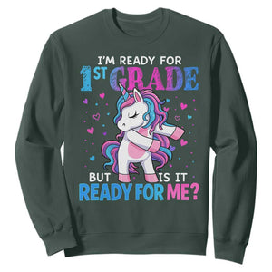 Funny Back To School 1st Grade Sweatshirt First Grade Unicorn Girls TS10 Dark Forest Green Print Your Wear