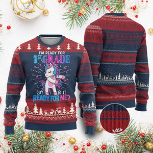 Funny Back To School 1st Grade Knit Sweatshirt First Grade Unicorn Girls TS10 Burgundy Print Your Wear