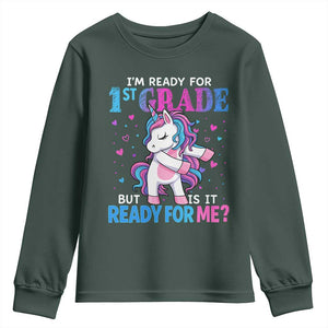 Funny Back To School 1st Grade Youth Sweatshirt First Grade Unicorn Girls TS10 Dark Forest Green Print Your Wear