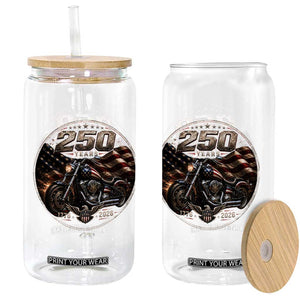 Retro Biker USA 250th Anniversary Glass Can Vintage 250 Years 1776 2026 Patriotic Motorcycle American Flag
