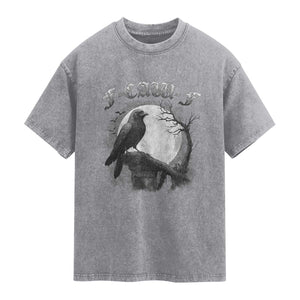 Black Crow F-Caw-F Washed Cotton T-Shirt Funny Raven Moon Gothic Adult Humor