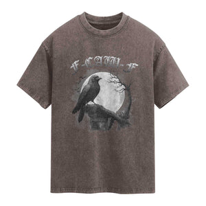Black Crow F-Caw-F Washed Cotton T-Shirt Funny Raven Moon Gothic Adult Humor